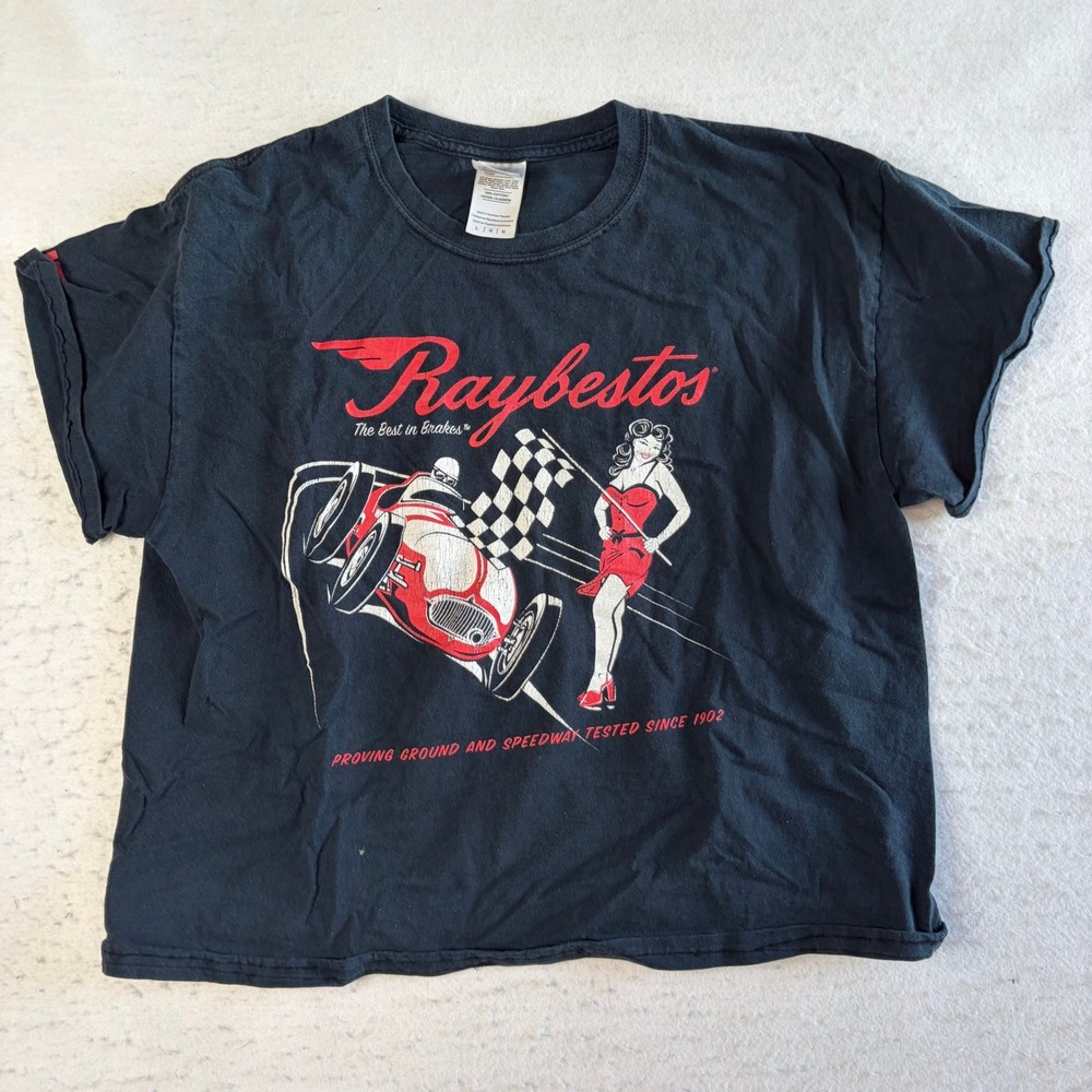 Gildan Raybestos Racing T-Shirt‎ Mens Large Black Graphic Pinup Girl Cropped